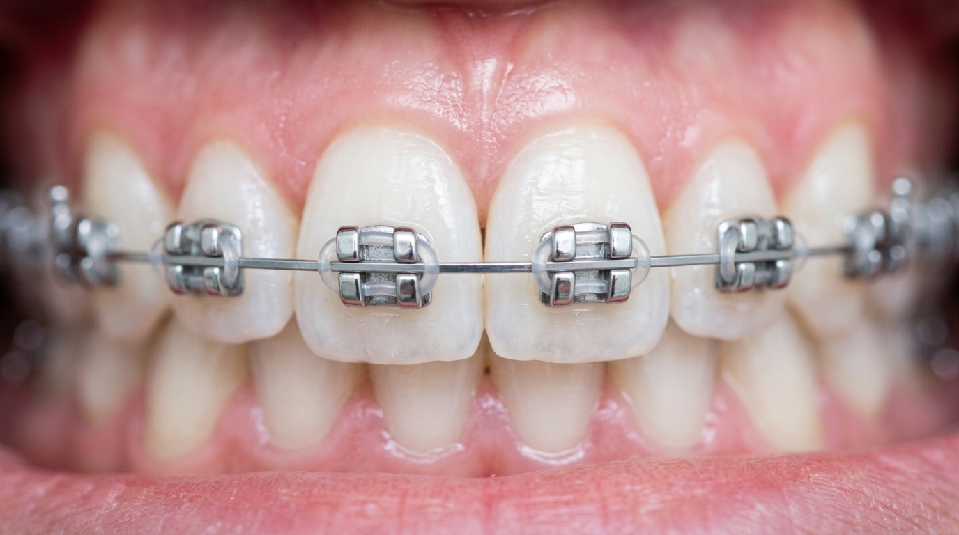Close-up Macro Clinical View of Traditional Stainless Steel Brackets and Archwire