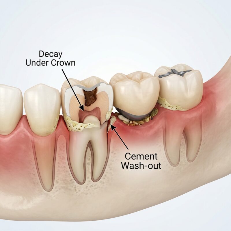 Tooth Decay Developing Under a Bridge Crown