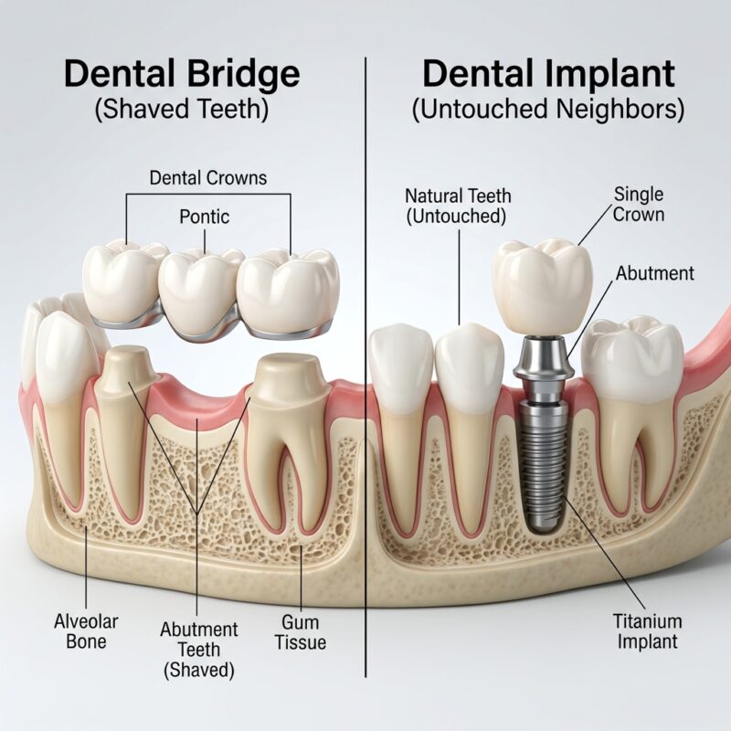 Comparative Structure of a Dental Bridge vs. Dental Implant